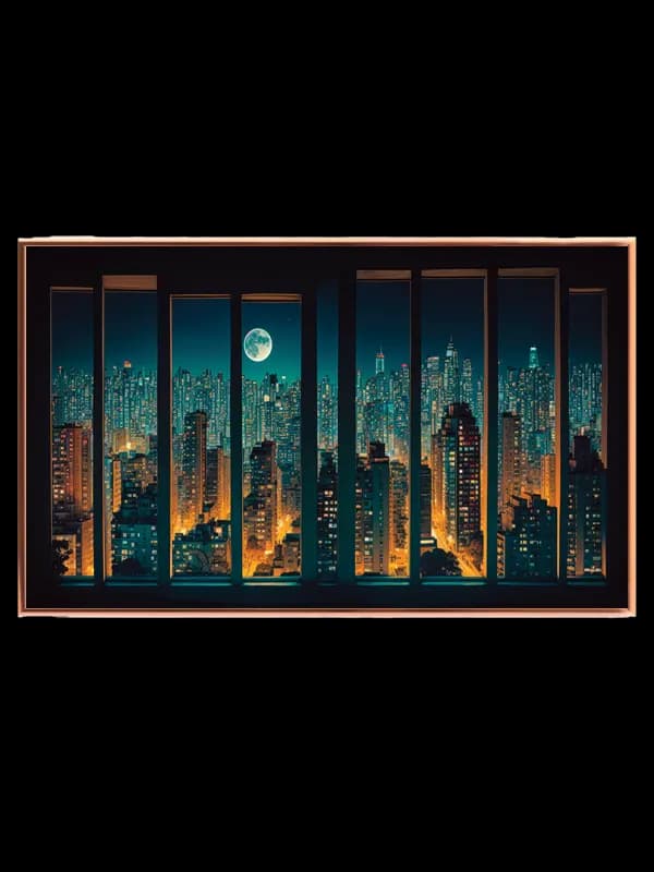 Måne Over Oplyst Storby