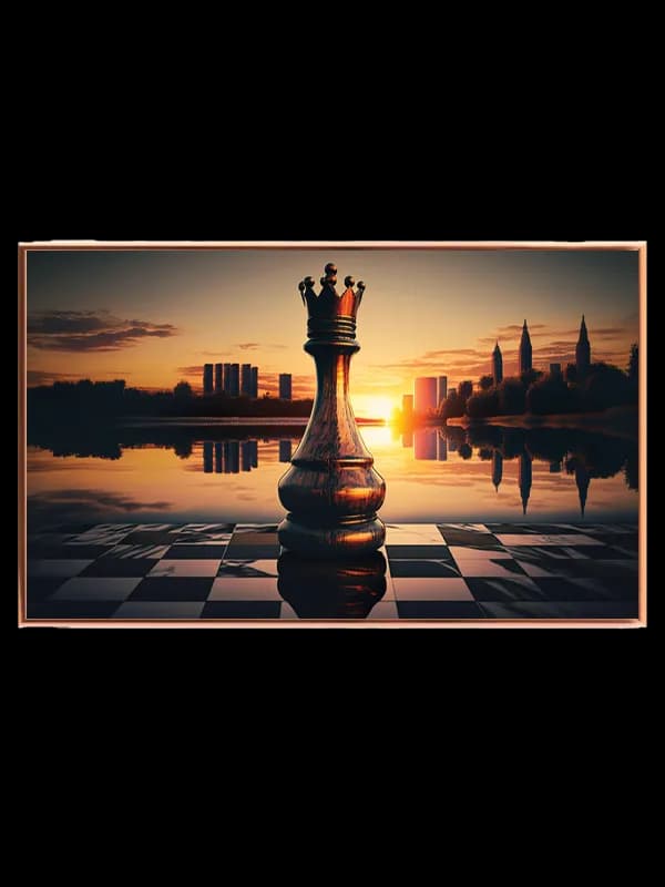 Skakkongeskakbrætsolnedgangbyhorisont med refleksionvandsilhuet detaljer