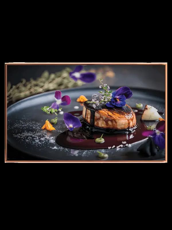 Dessert tallerken blomster med madfotografi glasur