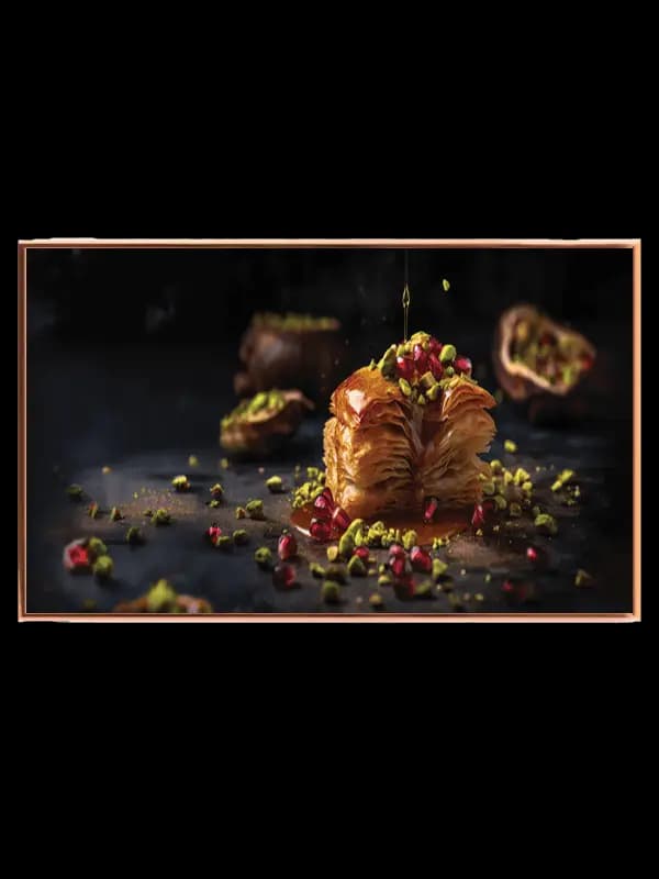 Dessert pistacienødder granatæblekerner sirup med madfotografi