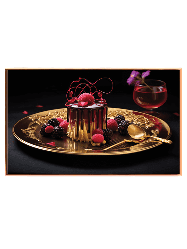 Dessert bær tallerken med chokoladesauce guldbestik