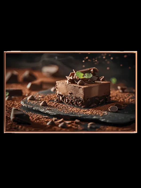 Chokoladekage mynteblad chokoladestykker med krummer skiferplade