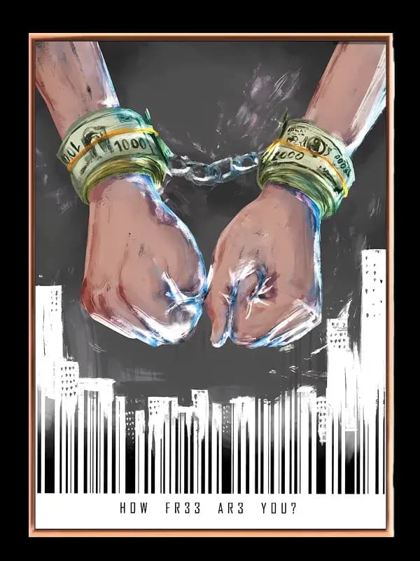 Hænder håndjern pengesedler bysilhuet med typografi penselstrøg