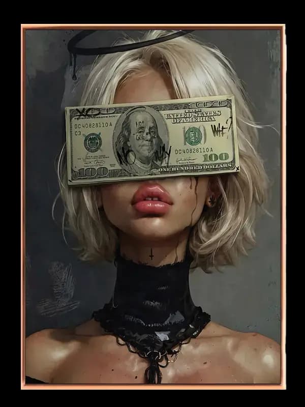 Kvinde pengeseddel portræt med collage penselstrøg skygger