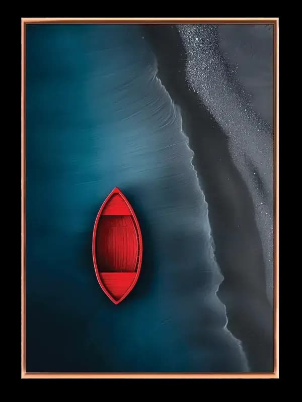 Rød Båd Ved Sort Strand Plakat